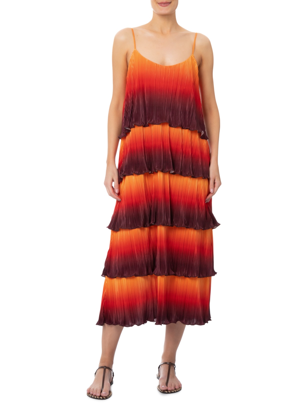 Vestido Camadas Plissado Laranja Farm + Marina Bitu