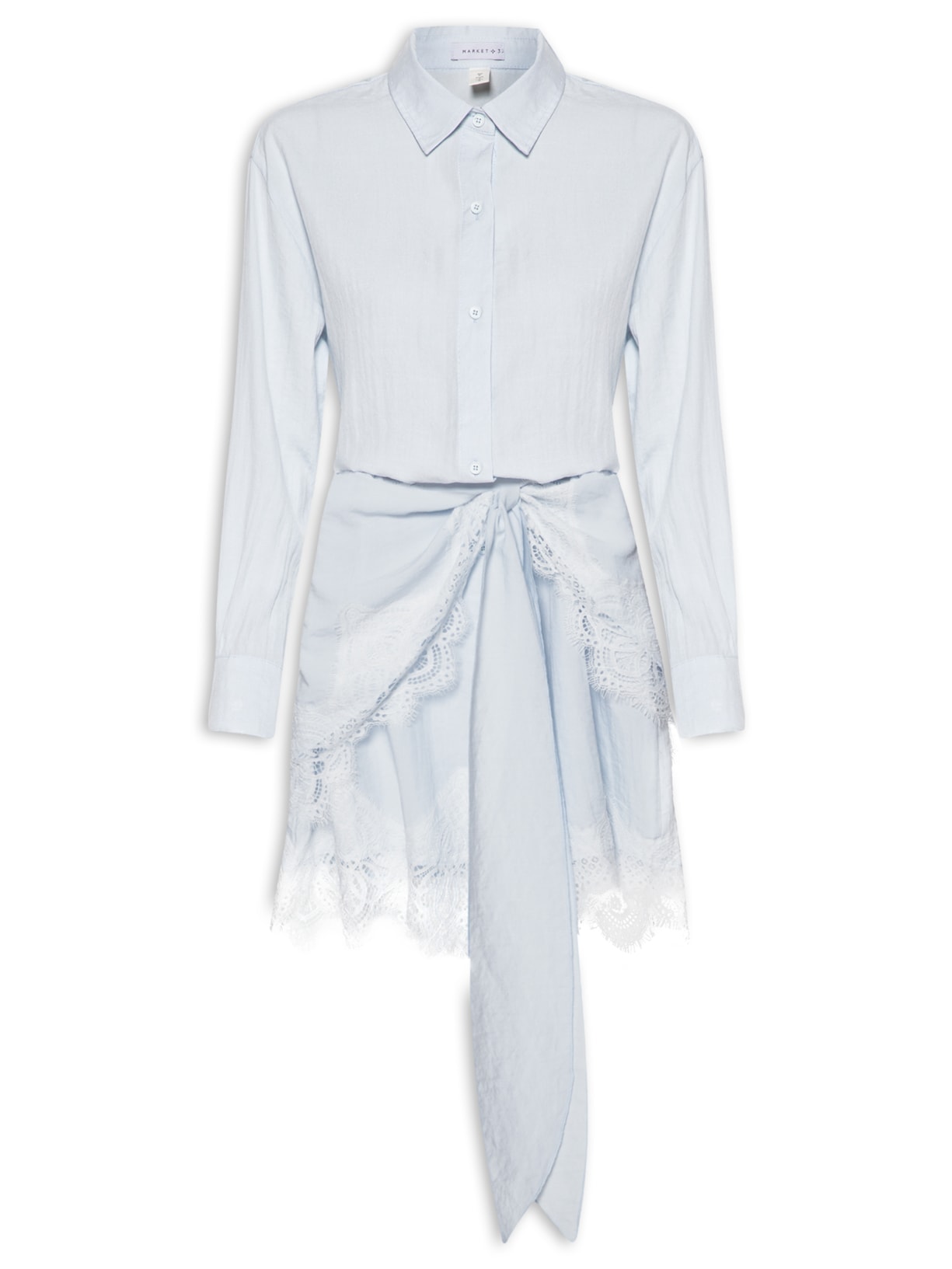 Vestido Camisa Com Renda E Faixa Removível Azul Market 33