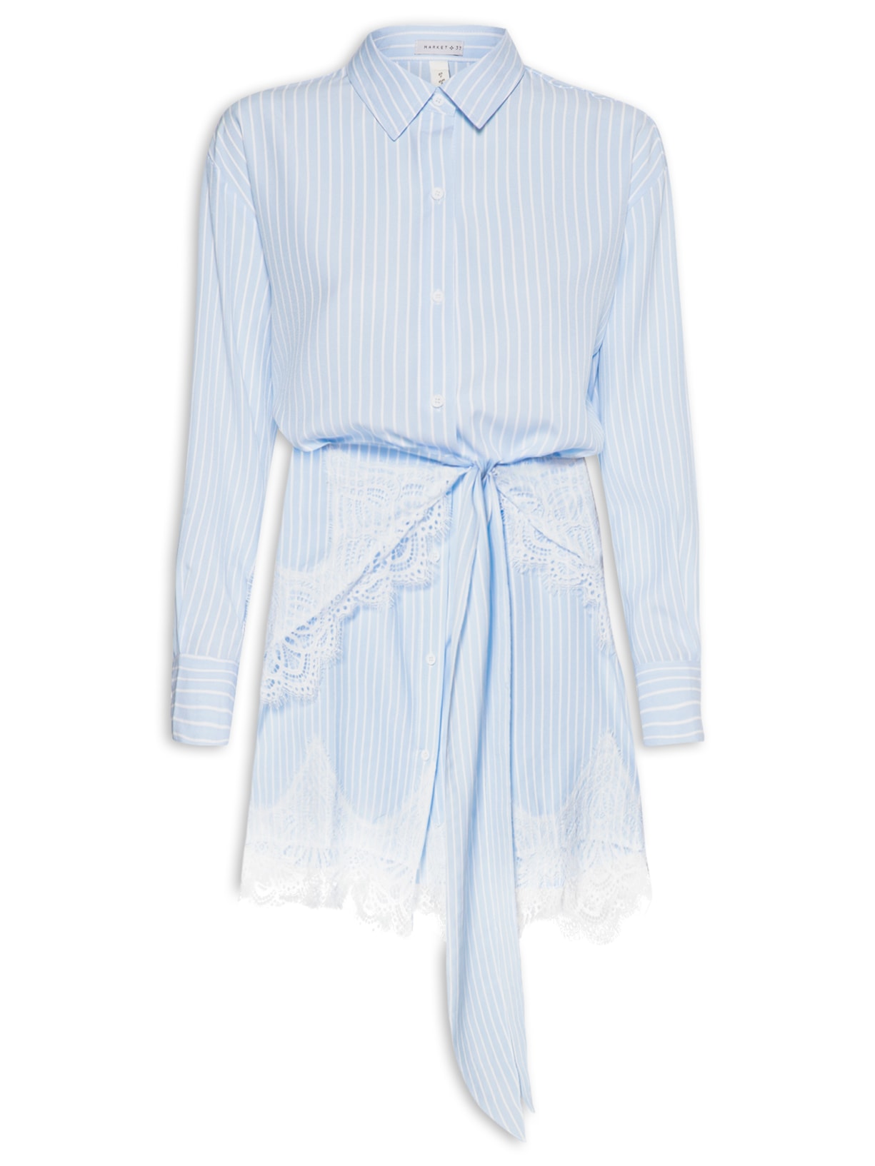 Vestido Camisa Com Renda E Faixa Removível Azul Market 33