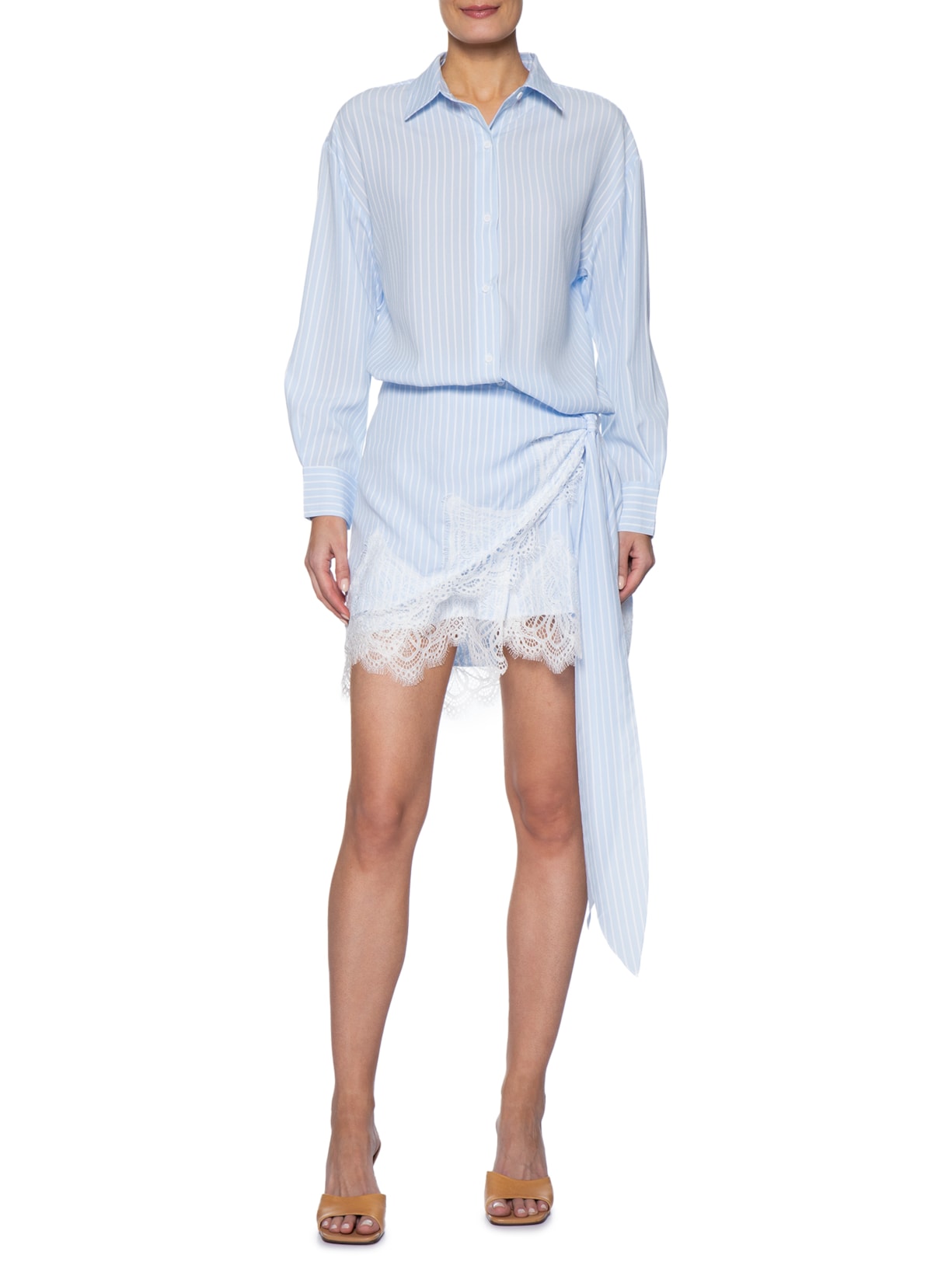 Vestido Camisa Com Renda E Faixa Removível Azul Market 33