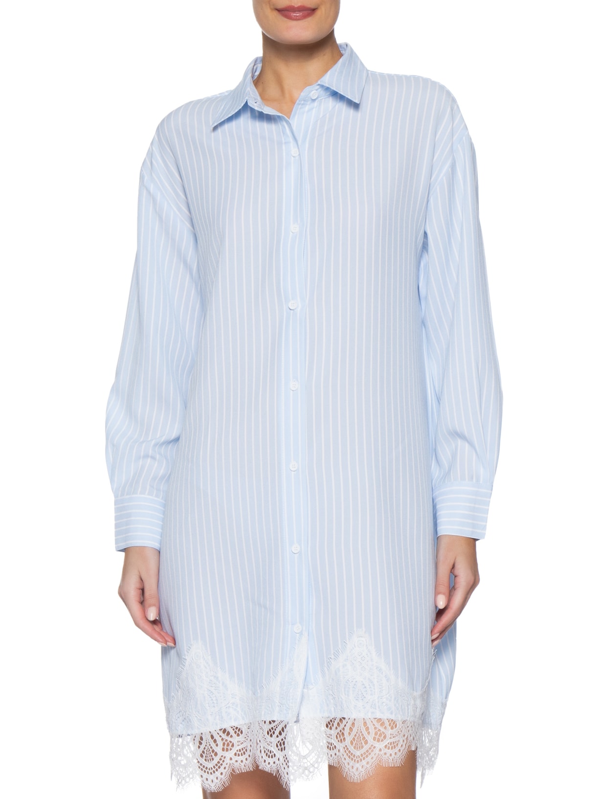 Vestido Camisa Com Renda E Faixa Removível Azul Market 33