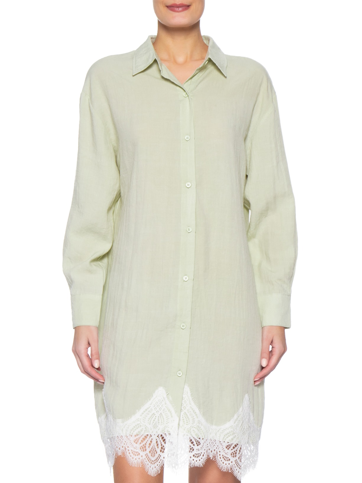 Vestido Camisa Com Renda E Faixa Removível Verde Market 33