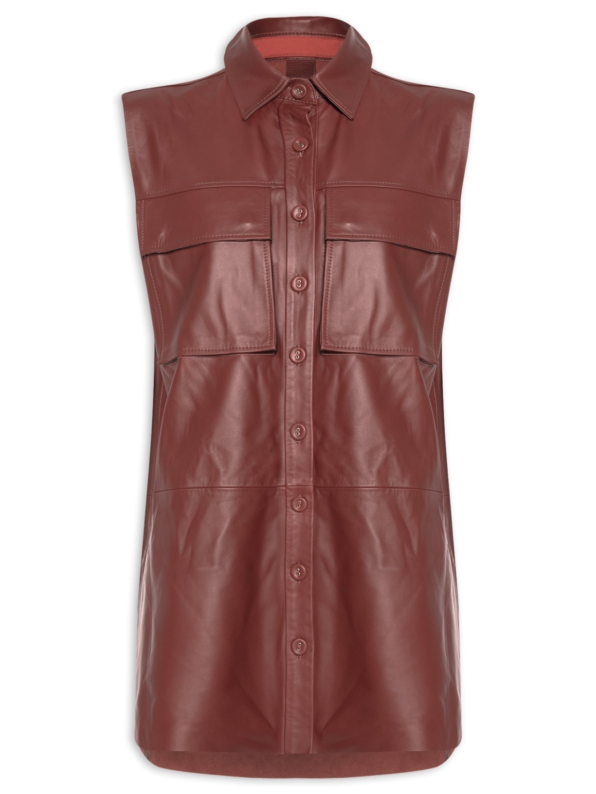 Vestido Camisa De Couro Bolso Frontal Marrom Animale