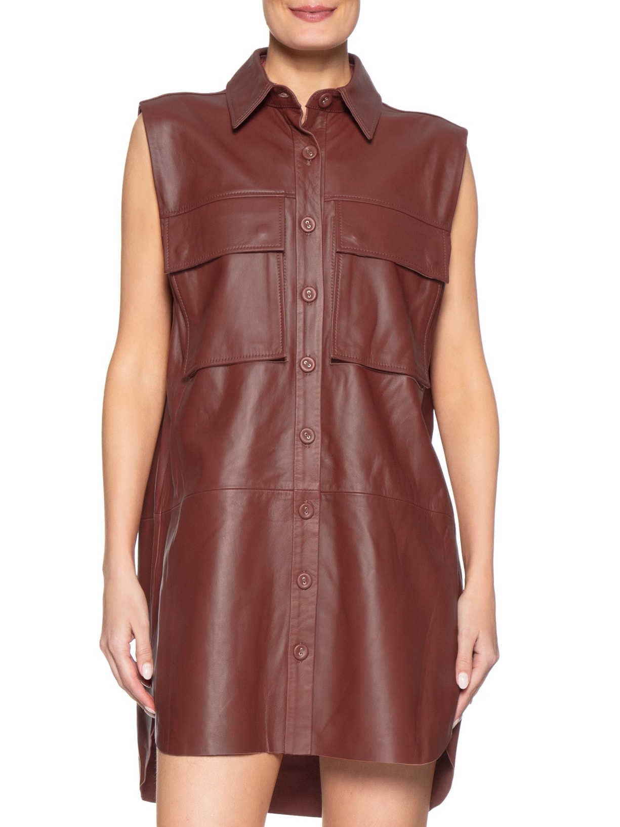 Vestido Camisa De Couro Bolso Frontal Marrom Animale