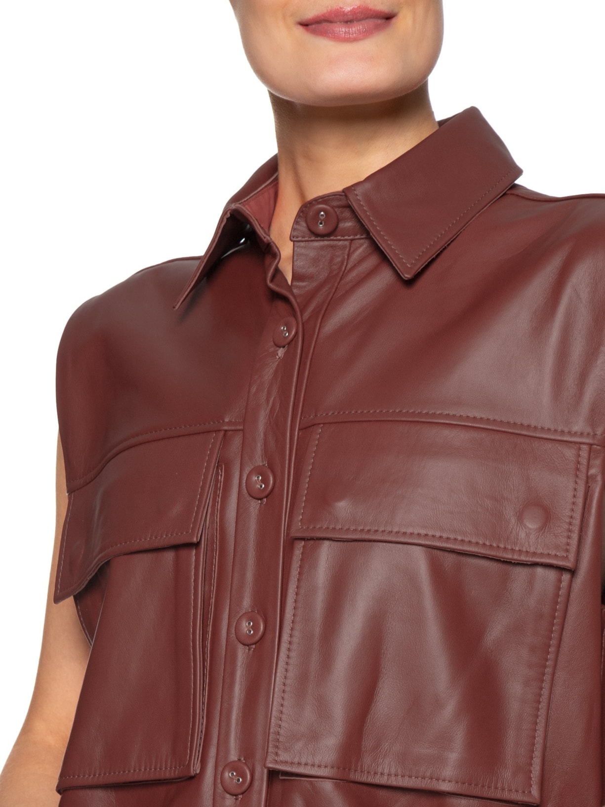 Vestido Camisa De Couro Bolso Frontal Marrom Animale