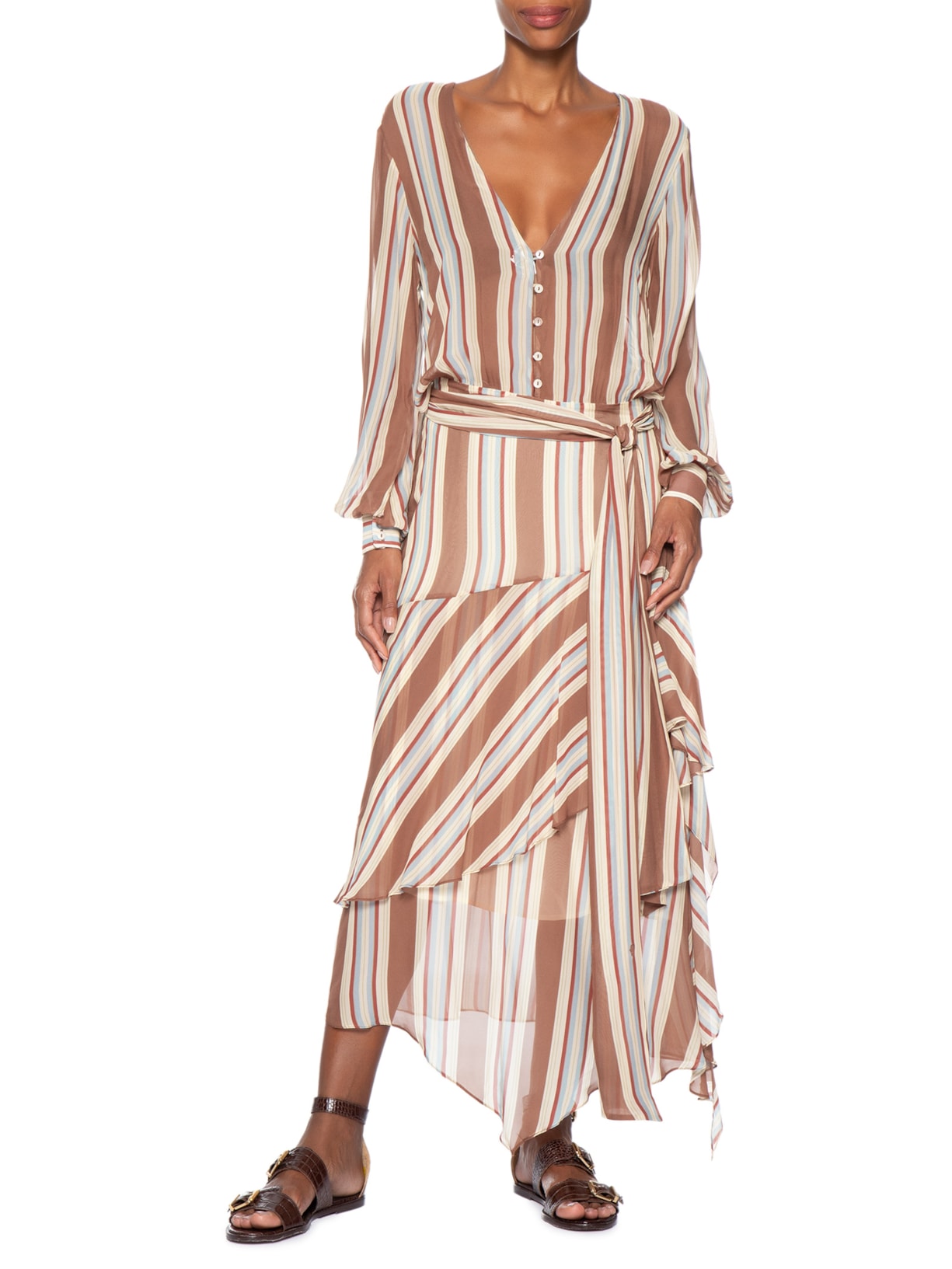 Vestido Camisaria Camadas Listra Bruma- Marrom Animale