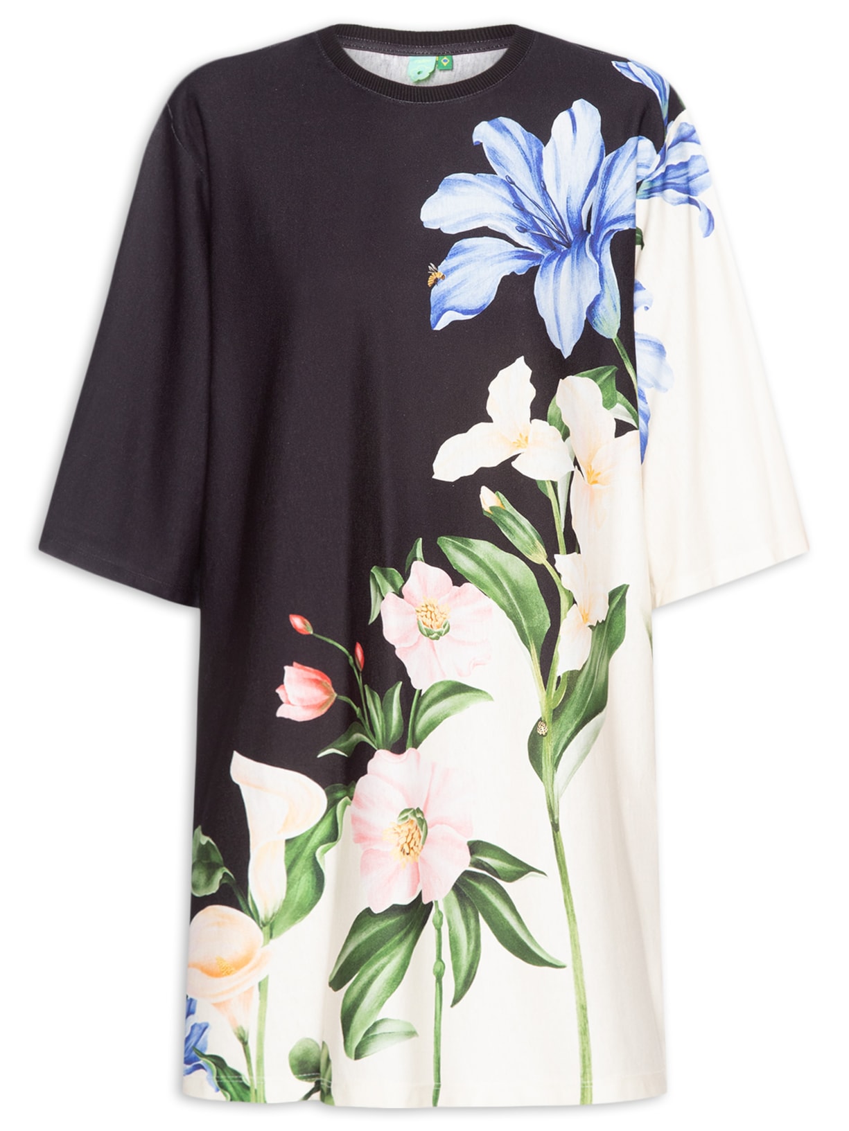 Vestido Camiseta Big Céu De Flor - Preto