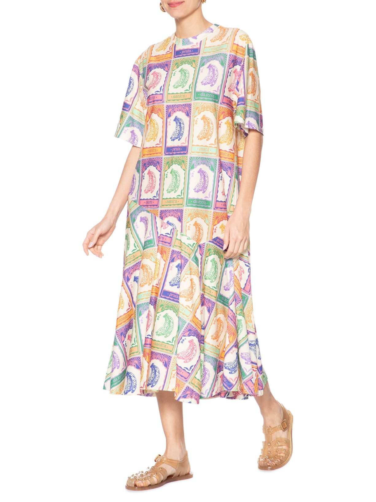 Vestido Camiseta Midi Banana Selo Bege Farm