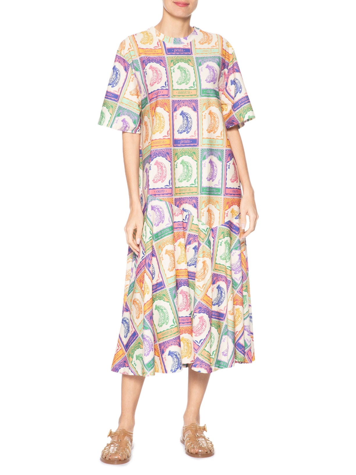 Vestido Camiseta Midi Banana Selo Bege Farm