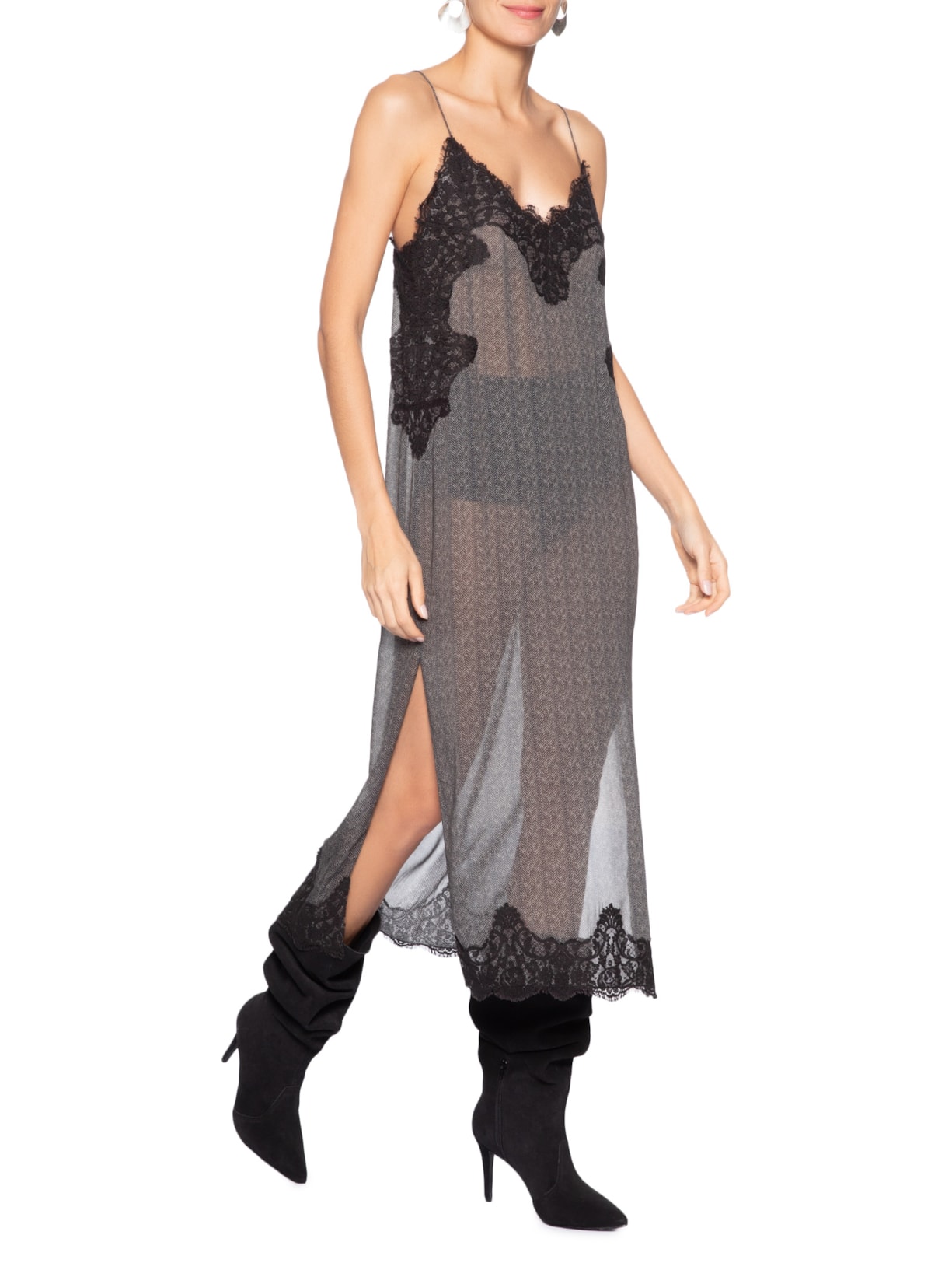 Vestido Camisola Renda Espinha De Peixe Cinza Animale