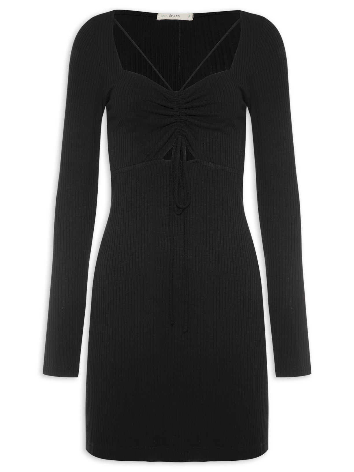 Vestido Canelado Busto Franzido - Preto