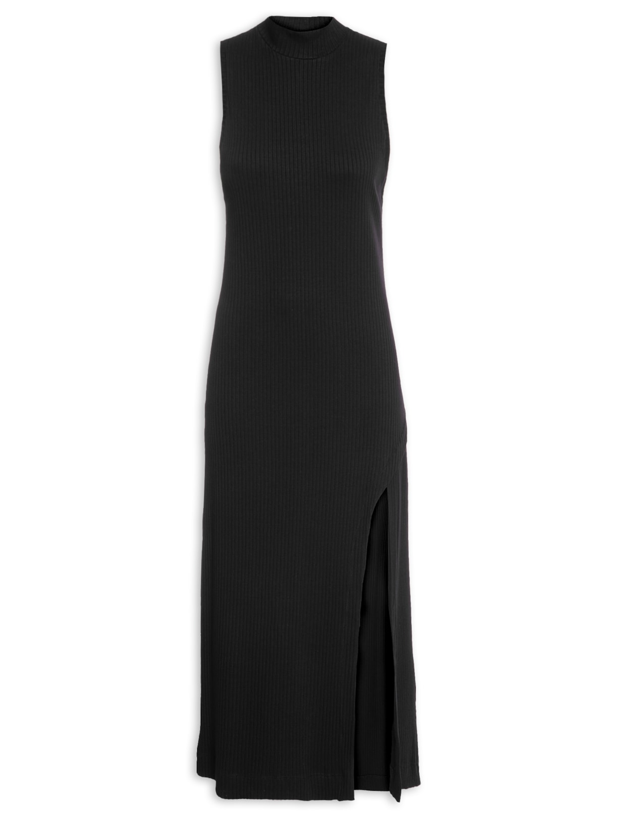 Vestido Canelado Fenda - Preto