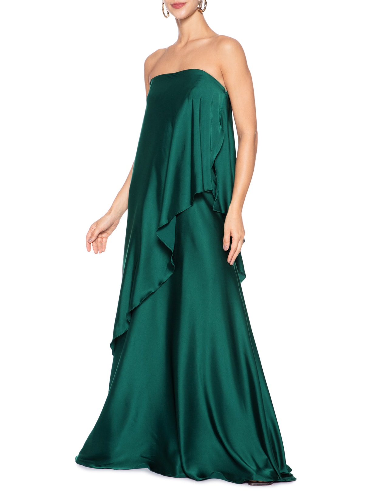 Vestido Cetim Assimétrico Strapless Verde Dress To