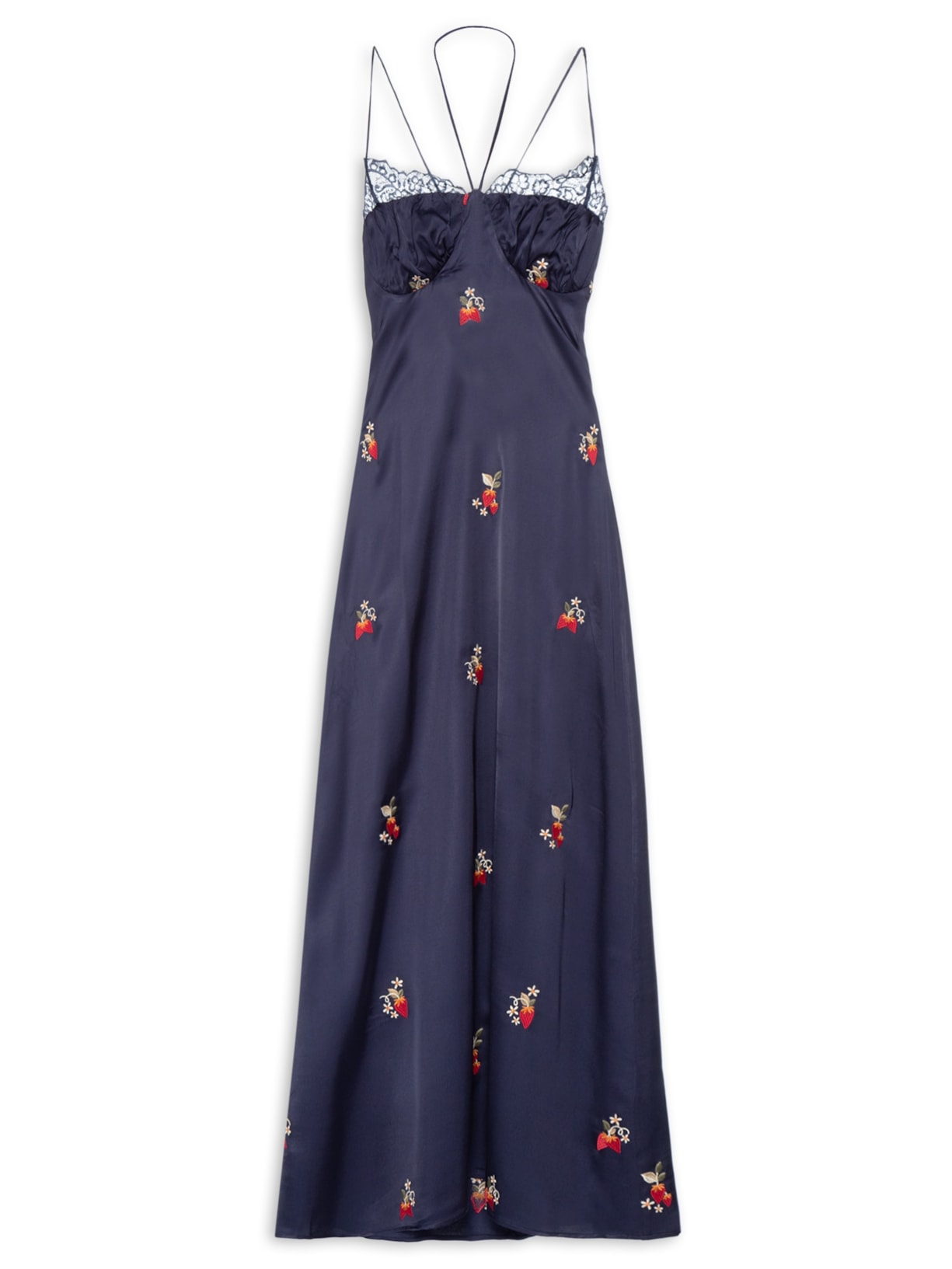 Vestido Cetim Bordado Morango - Azul