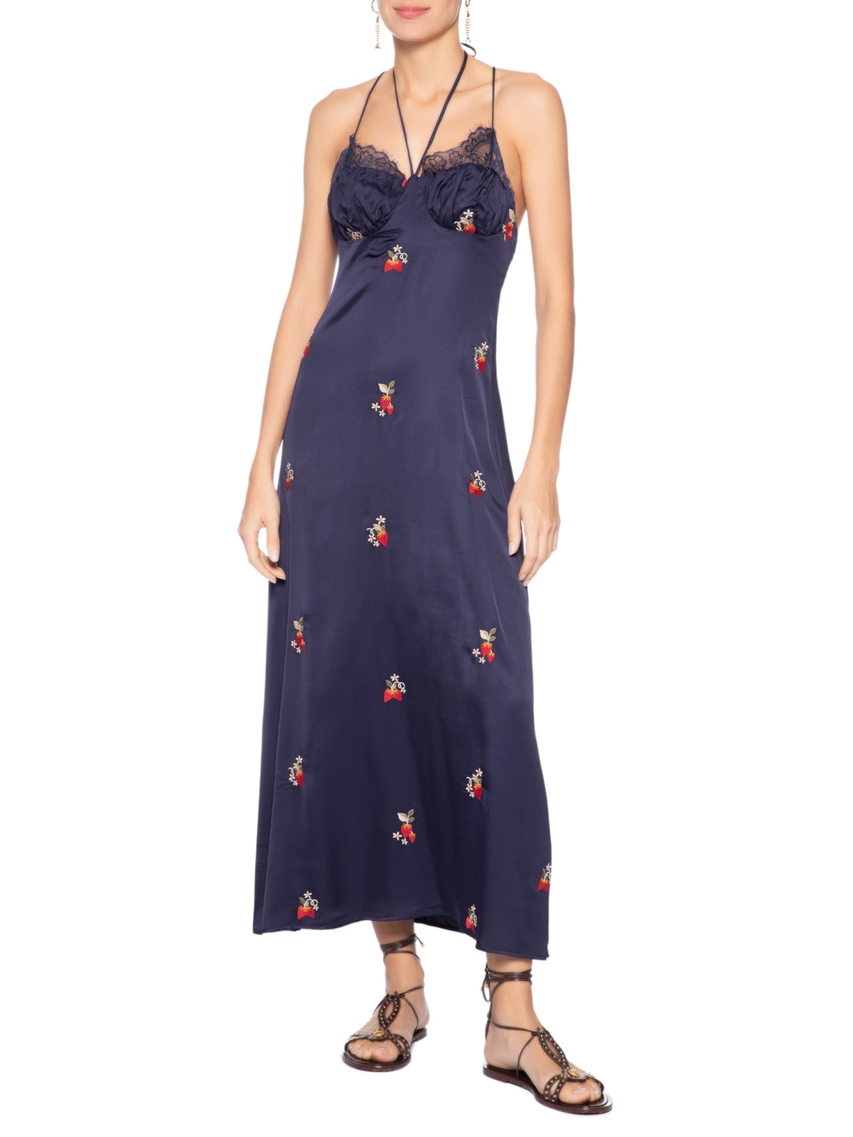 Vestido Cetim Bordado Morango Azul Farm
