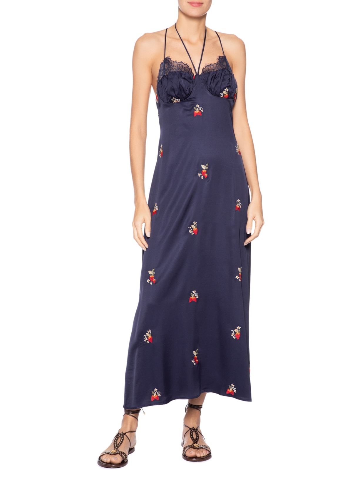 Vestido Cetim Bordado Morango Azul Farm