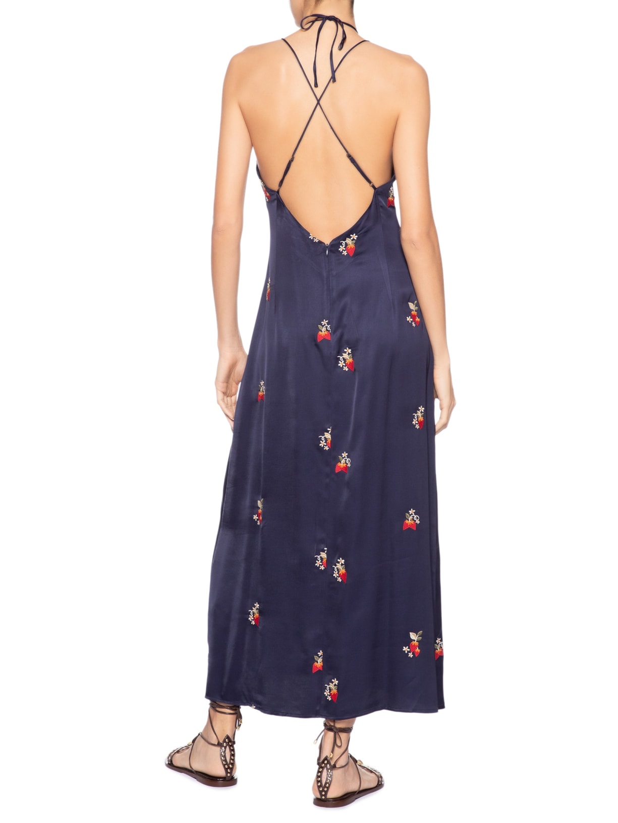 Vestido Cetim Bordado Morango Azul Farm