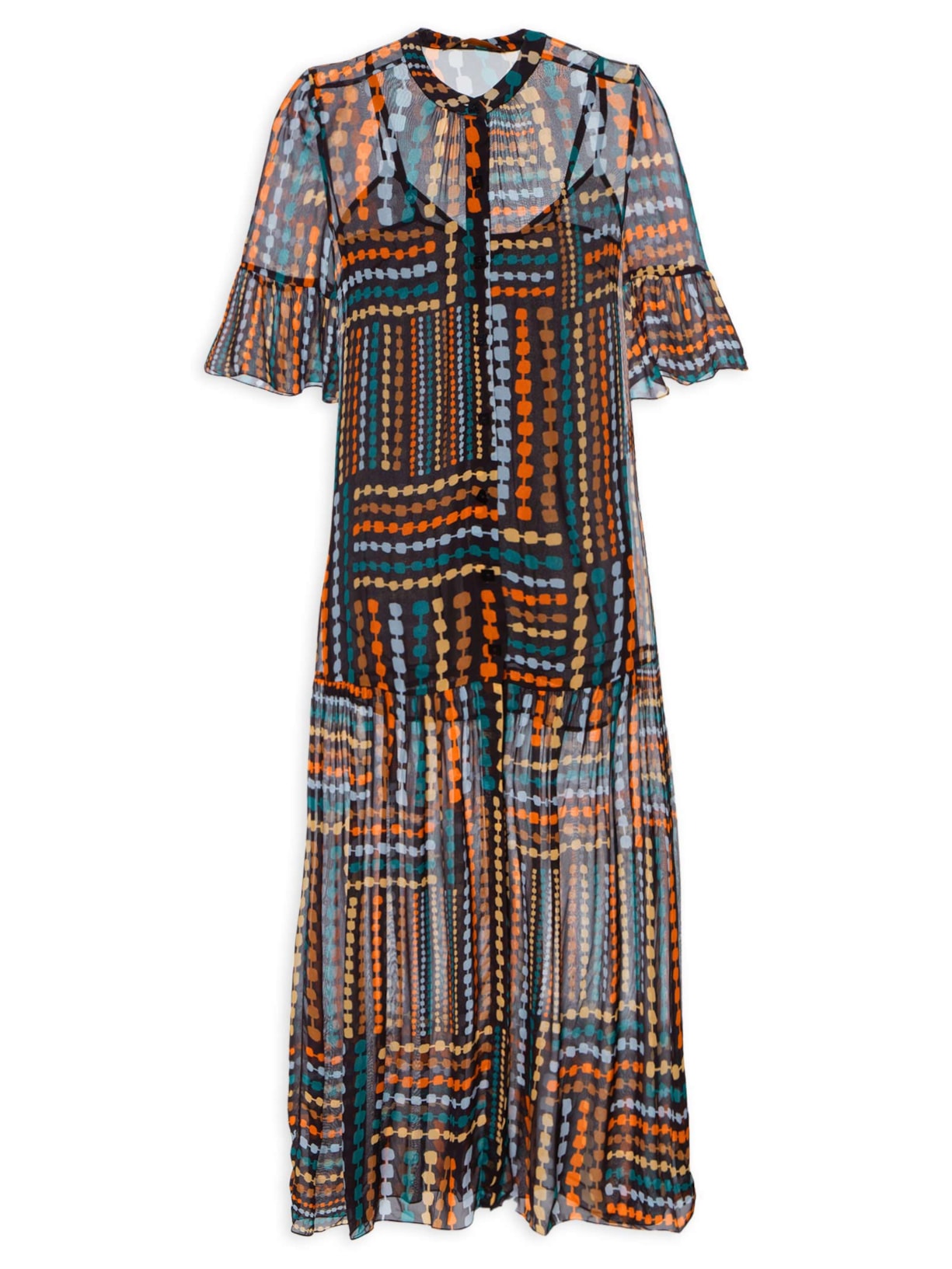 Vestido Chemise Longo Corrente Colorido - Preto