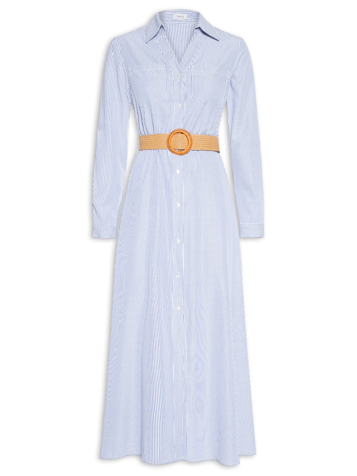 Vestido Chemise Longo Listrado - Azul