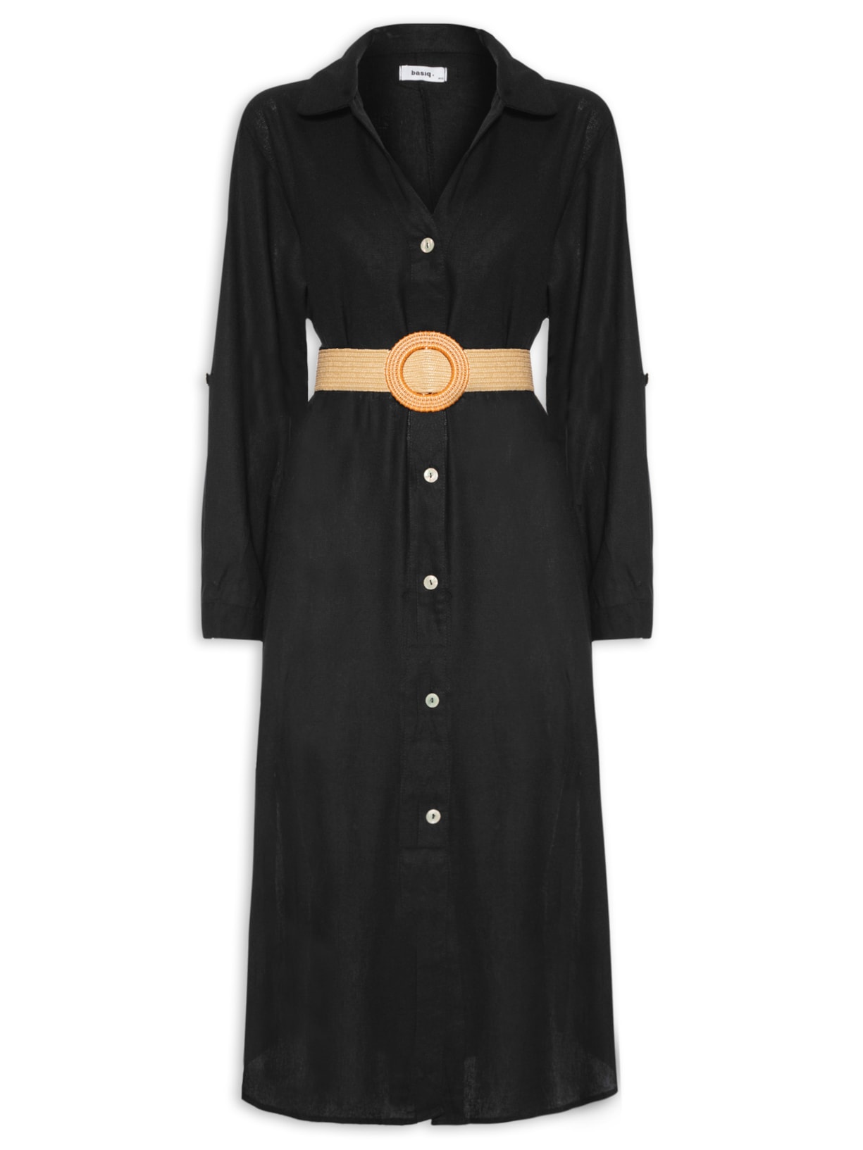 Vestido Chemise Midi Com Cinto - Preto