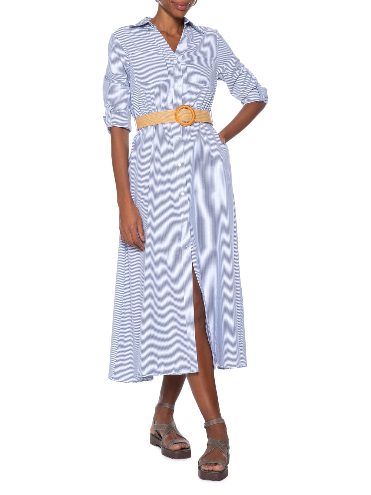 Vestido Chemise Midi Listrado Azul Basiq