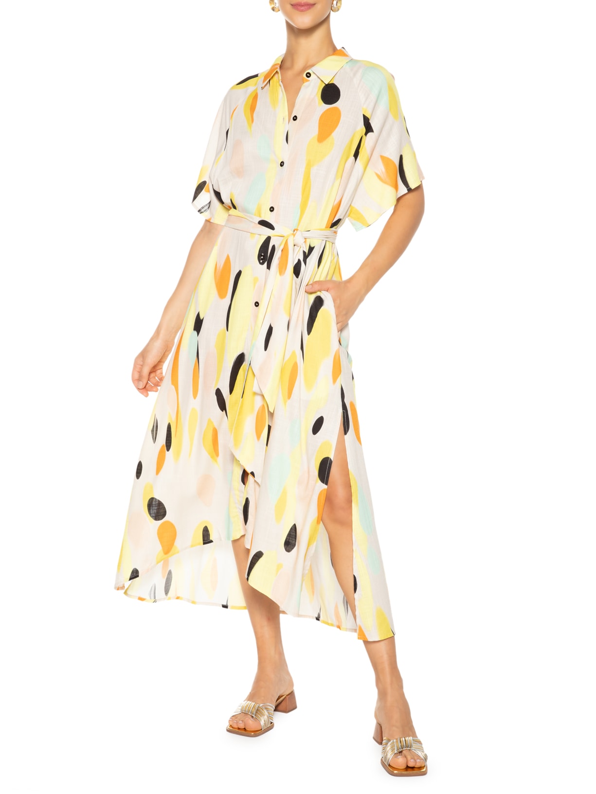 Vestido Chemise Midi Murano Pois Fresh Amarelo Animale