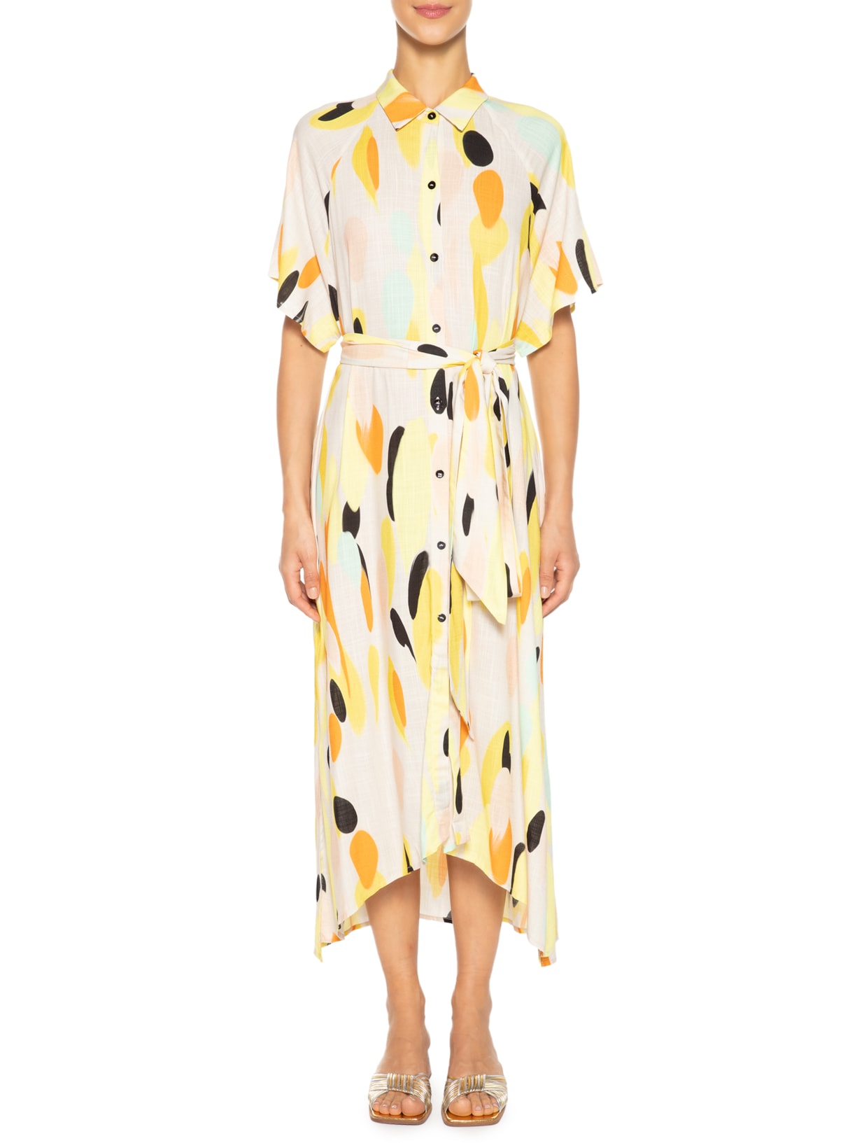 Vestido Chemise Midi Murano Pois Fresh Amarelo Animale