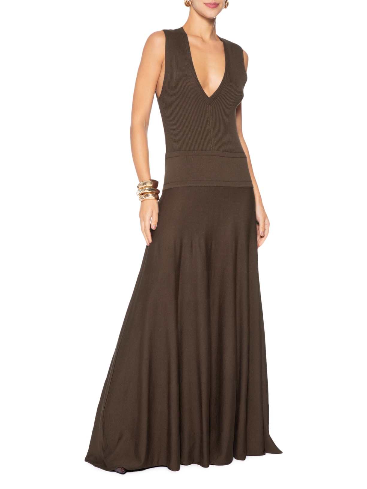 Vestido Cintura Baixa Tricot Decote V Marrom Animale