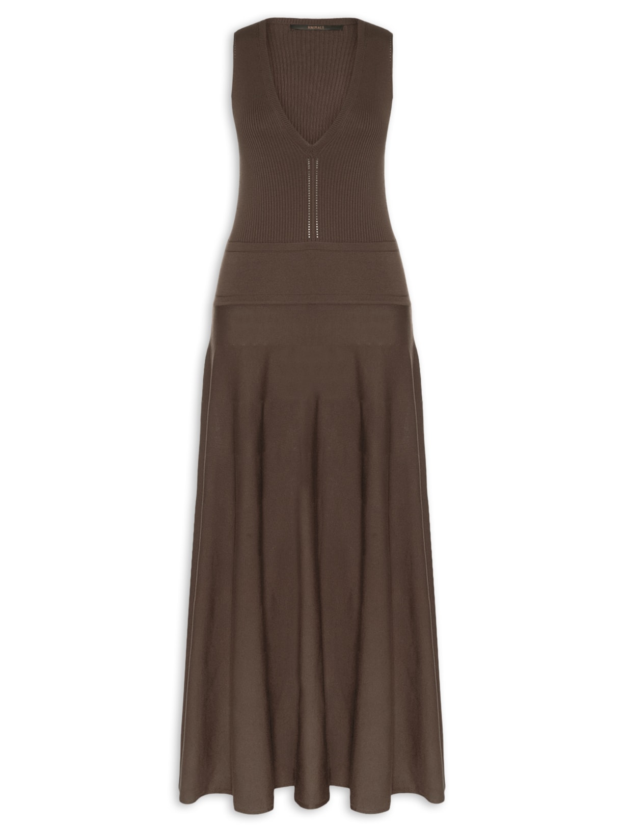 Vestido Cintura Baixa Tricot Decote V Marrom Animale