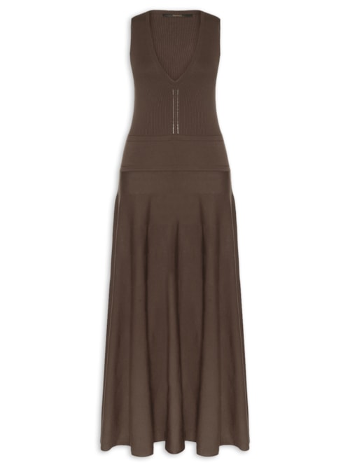 Vestido Cintura Baixa Tricot Decote V - Marrom