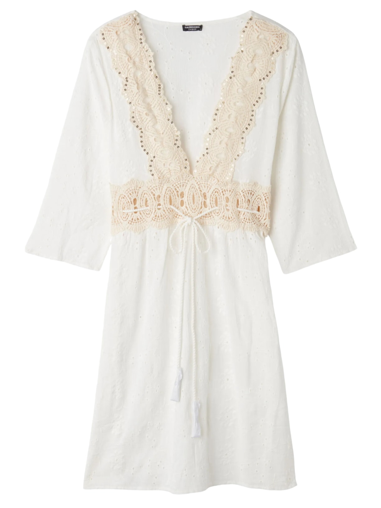 Vestido Com Bordado Inglês e Paetês Branco Calzedonia