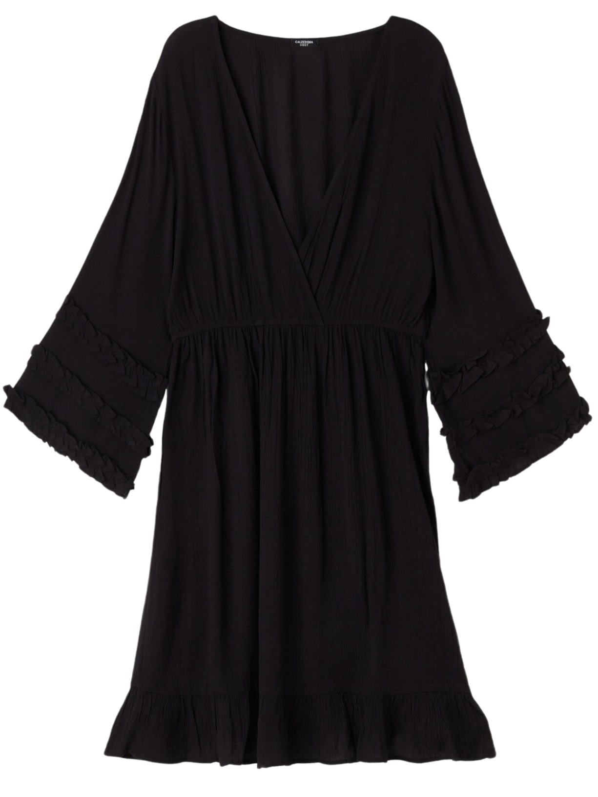 Vestido Com Decote Em v e Babados - Preto