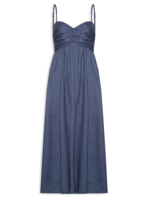 Vestido com Linho Midi - Azul