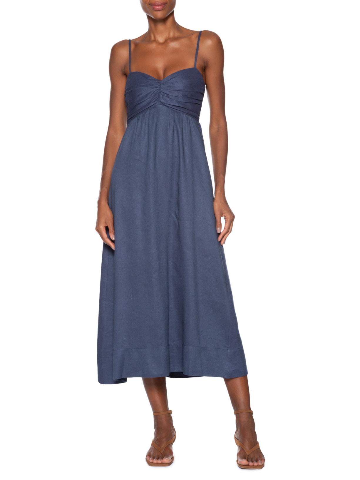 Vestido com Linho Midi  Azul Animale