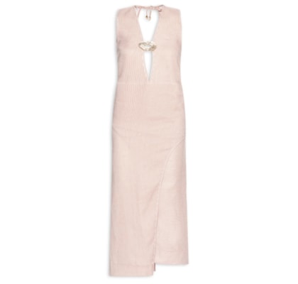 Vestido com Recorte em Linho Puro Listrado - Bege