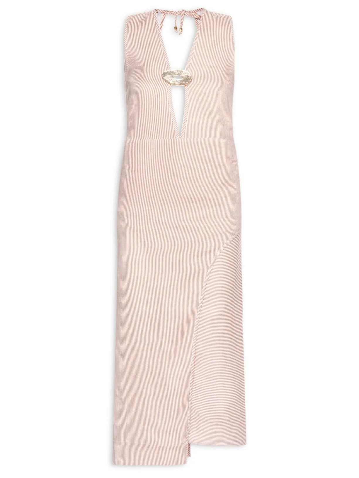 Vestido com Recorte em Linho Puro Listrado - Bege