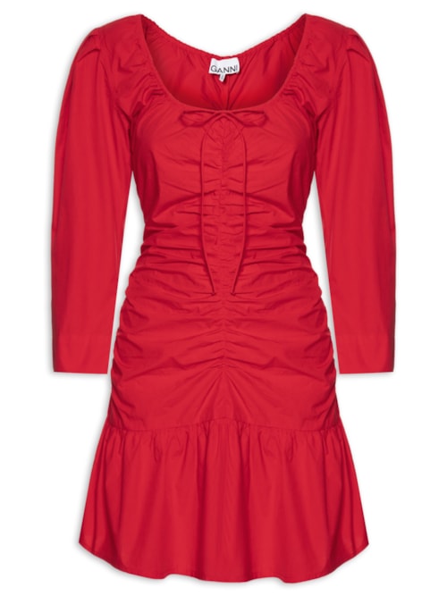 Vestido Cotton Poplin Gathered U-Neck Mini Dress - Vermelho