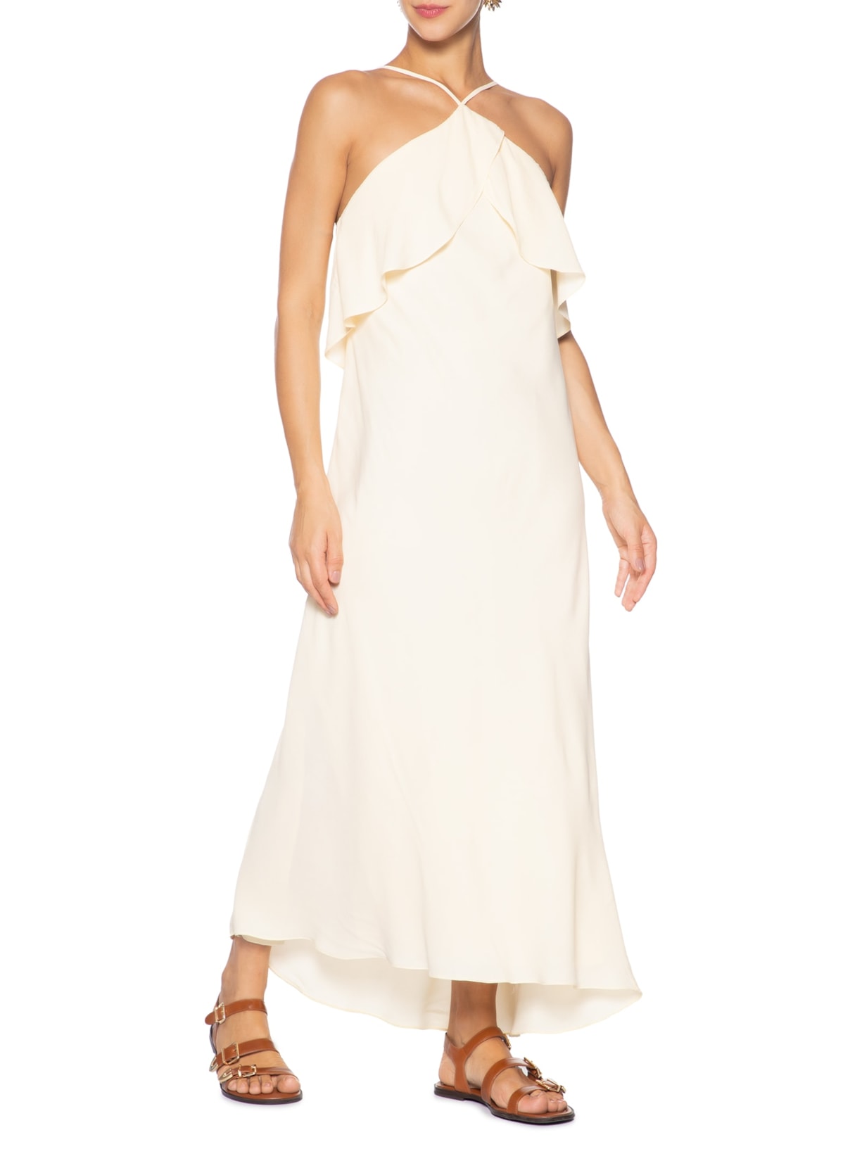 Vestido Crepe Midi Babados Off White Dress To
