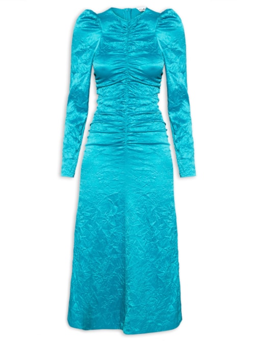 Vestido Crinkled Satin O-Neck Midi - Azul