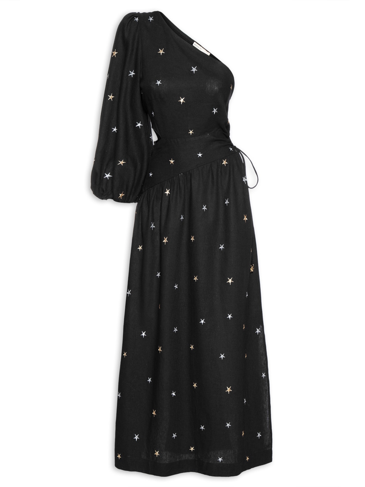 Vestido Cropped Linho Bordado Estrela Lurex - Preto