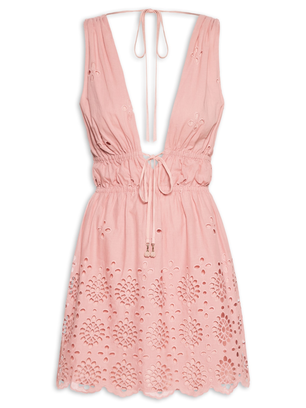 Vestido Curto Algodão Bordado Barrado Rosa Dress To