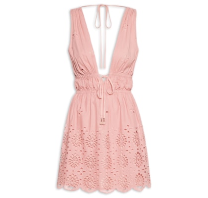 Vestido Curto Algodão Bordado Barrado - Rosa