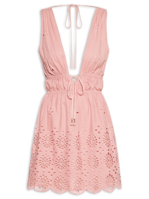 Vestido Curto Algodão Bordado Barrado - Rosa