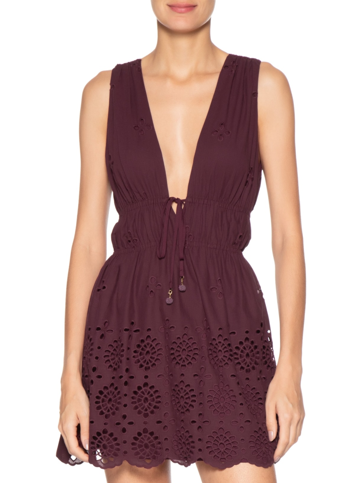 Vestido Curto Algodão Bordado Barrado Vermelho Dress To