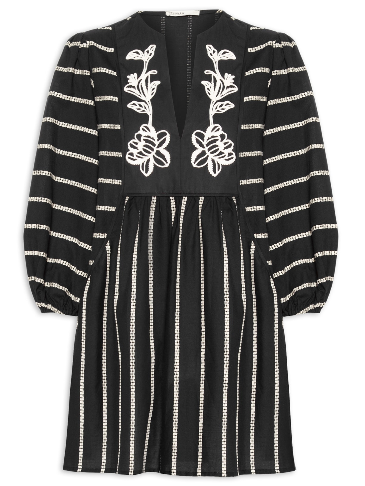 Vestido Curto Algodão Pespontado Bordado - Preto