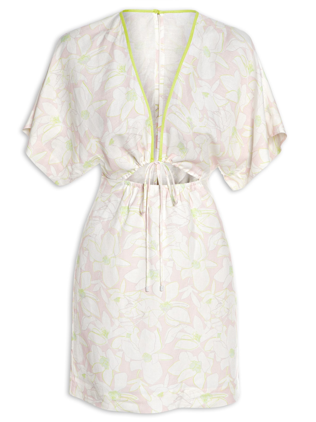 Vestido Curto Amarração Frente Floral - Off White