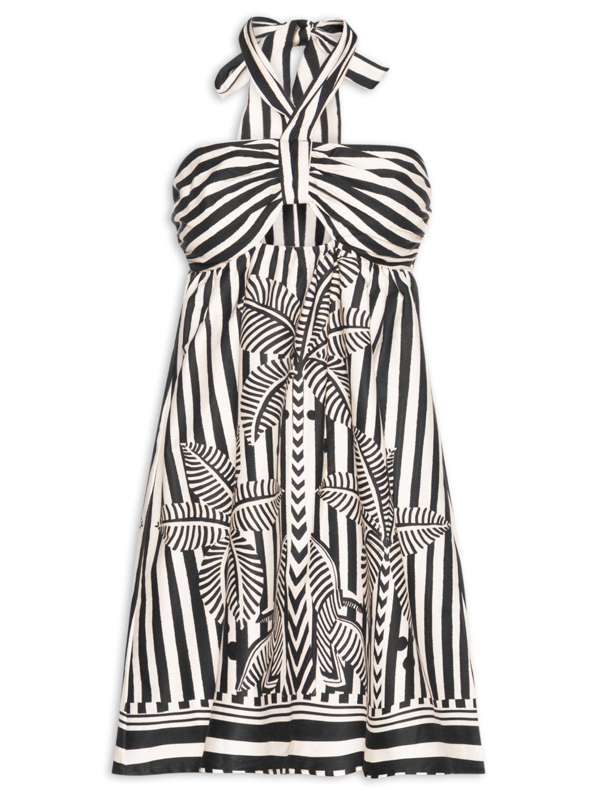 Vestido Curto Amarração Listra Tropical - Preto