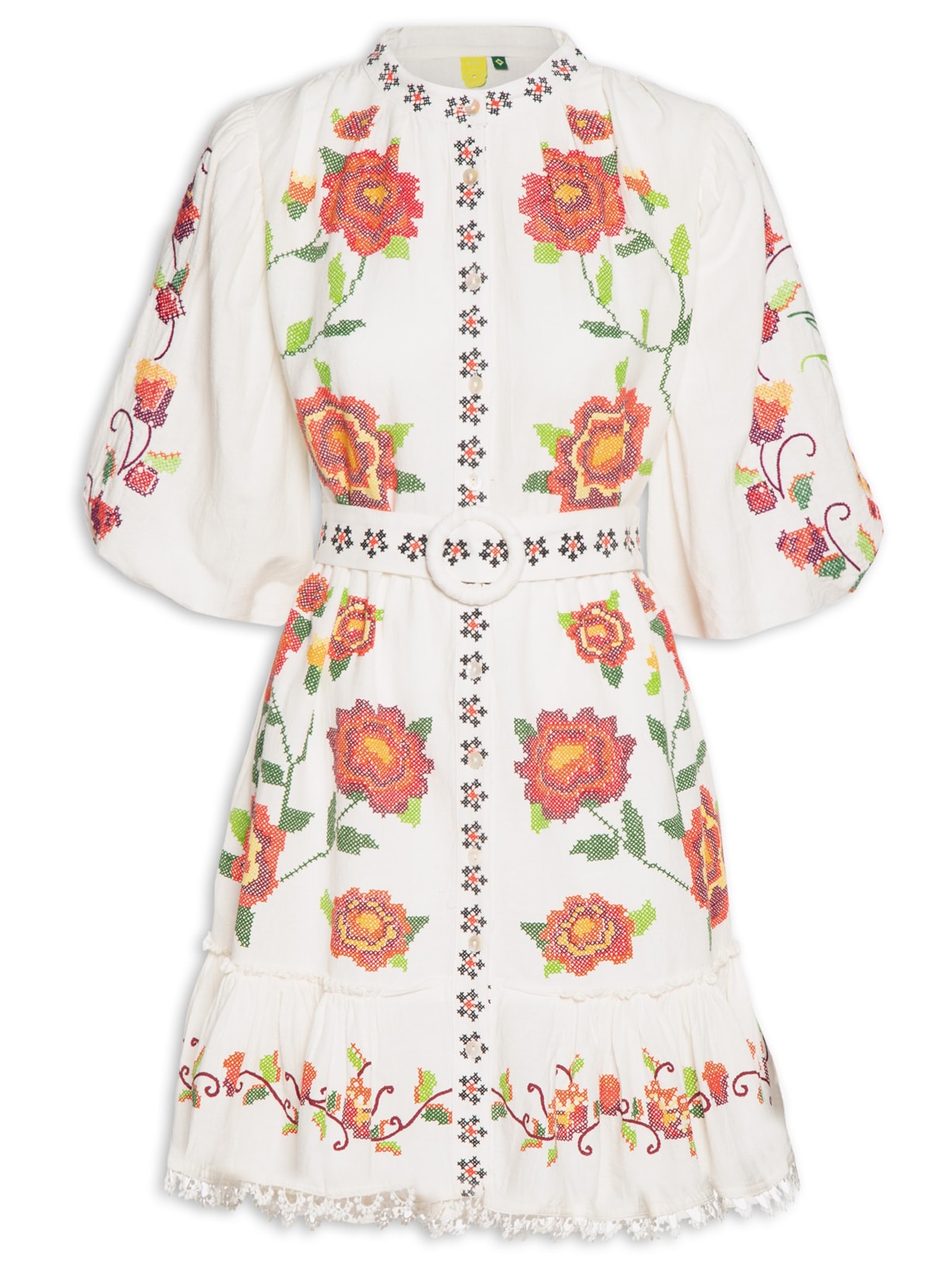 Vestido Curto Artesanal Florido - Off White