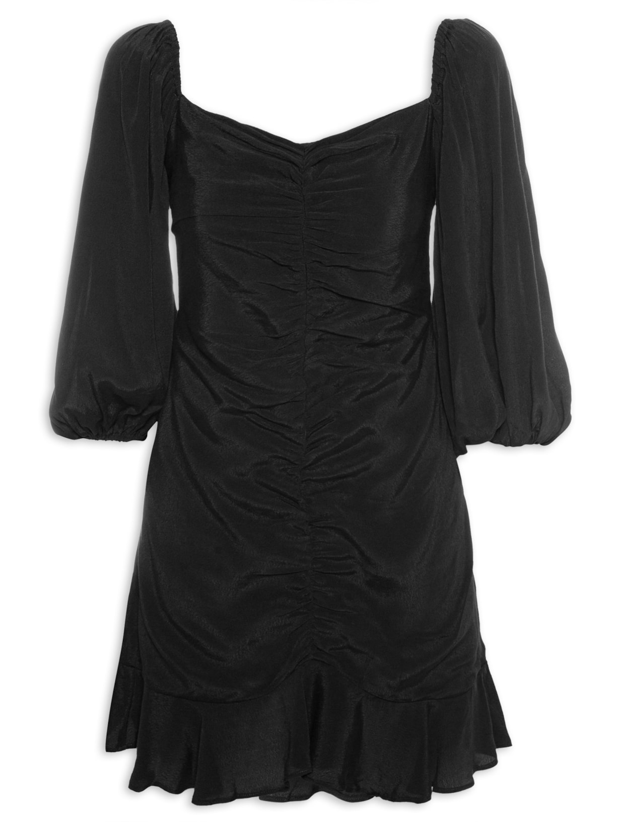 Vestido Curto Babado Mangas - Preto