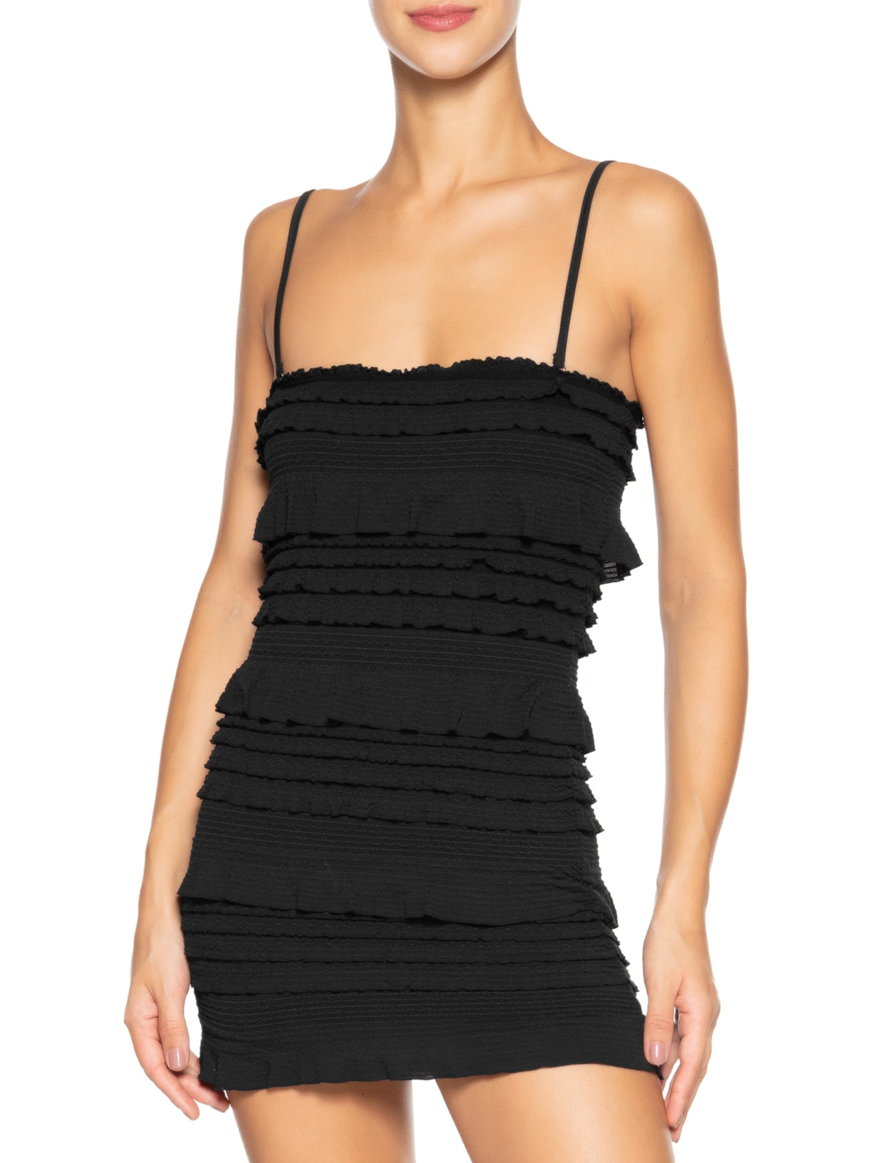 Vestido Curto Babados Textura Preto Farm Praia